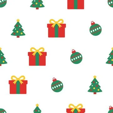 Christmas seamless pattern with trees gifts and baubles. Stock Illustration