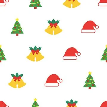 Christmas seamless pattern with trees hats and bells. Stock Illustration