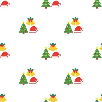 Christmas seamless pattern with trees hats and bells. Stock-Illustration