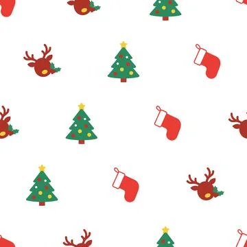 Christmas seamless pattern with trees reindeer and stockings. Stockillustratie