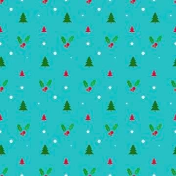 Christmas seamless pattern with trees, snowflakes and holly Stock Illustration