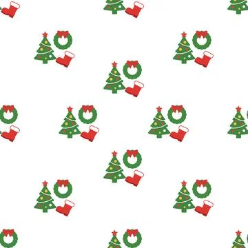 Christmas seamless pattern with trees wreaths and stockings. Stock Illustration