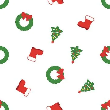 Christmas Seamless Pattern with Trees Wreaths and Stockings. Illustrazione stock