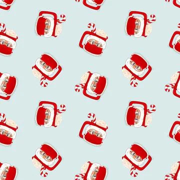 Christmas seamless pattern of vector Santa Claus coffee or chocolate cup in r 스톡 일러스트