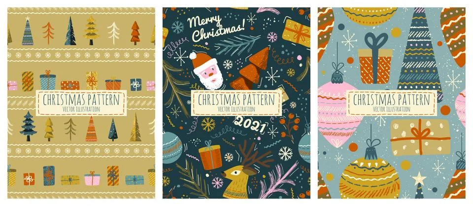 Christmas seamless pattern vector set in vintage scandinavian style.New year Illustration