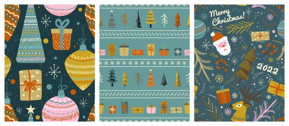 Christmas seamless pattern vector set in vintage scandinavian style. New year Stock Illustration