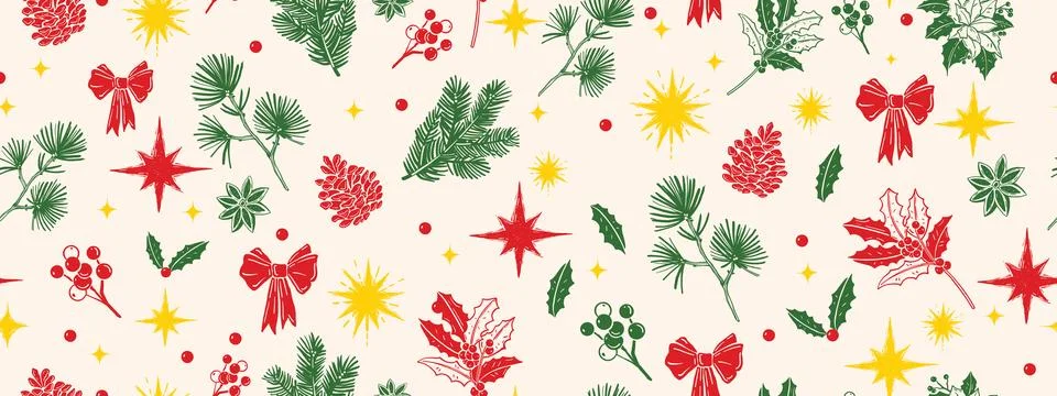 Christmas seamless pattern, vector winter holiday texture, floral vintage Stock Illustration
