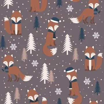 Christmas seamless pattern with warm fox background, Winter pattern, wrapping Stock Illustration