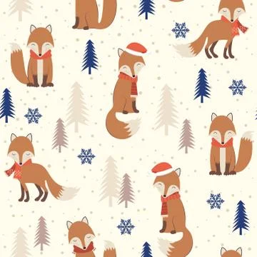 Christmas seamless pattern with warm fox background, Winter pattern, wrapping Illustrazione stock