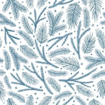 Christmas seamless pattern, white background. Pine twigs, red berries Stock Illustration