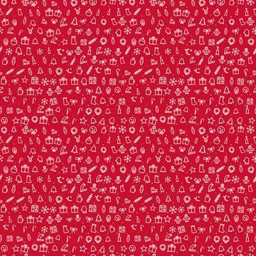 Christmas seamless pattern, white line icons on red background Stockillustratie