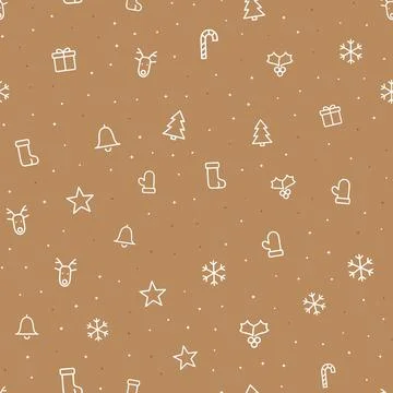 Christmas seamless pattern with white line icons of gift, reindeer, bell, candy Stock Illustration