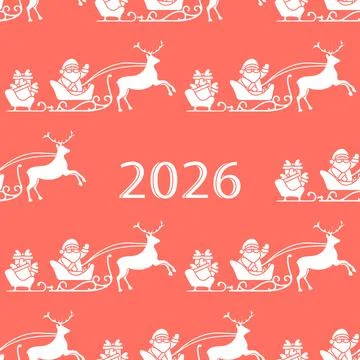 Christmas seamless pattern with white Santa sleighs and reindeer on red bac.. Stock Illustration