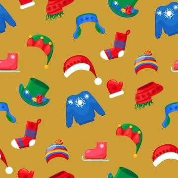 Christmas Seamless Pattern with Winter Clothes and Holiday Icons Stock Illustration
