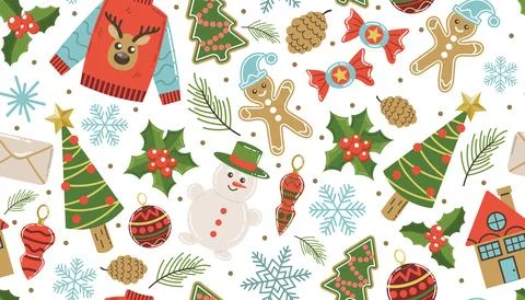 Christmas seamless pattern. Winter holiday background with Christmas tree a.. Stock Illustration