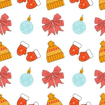 Christmas seamless pattern with winter mittens, knitted hats, bows Illustrazione stock