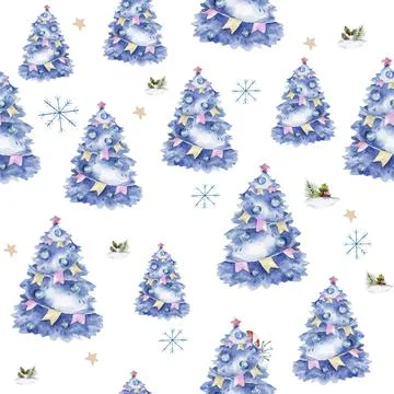 Christmas seamless pattern with winter trees and spruces. Hand drawn watercolor 스톡 일러스트