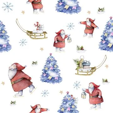 Christmas seamless pattern with winter trees, sleigh and spruces. Hand drawn Stock Illustration