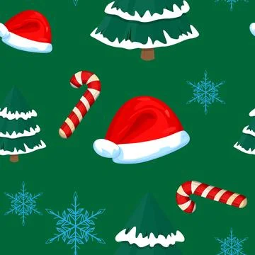 Christmas Seamless pattern winth Snowflake, Sant Hat, Pine Tree and Snowman.. Stock Illustration