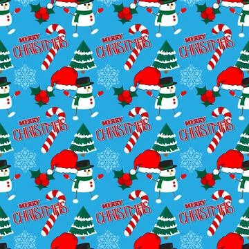 Christmas Seamless pattern winth Snowflake, Sant Hat, Pine Tree and Snowman.. 스톡 일러스트