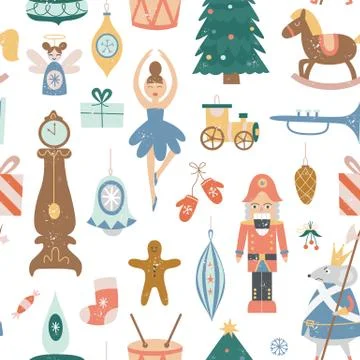 Christmas seamless pattern with Xmas tree toys, flat vector illustration. Stock Illustration