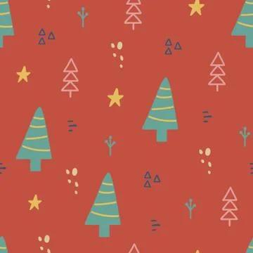 Christmas seamless pattern with xmas tree, stars. Hand drawn unique texture for Stock Illustration