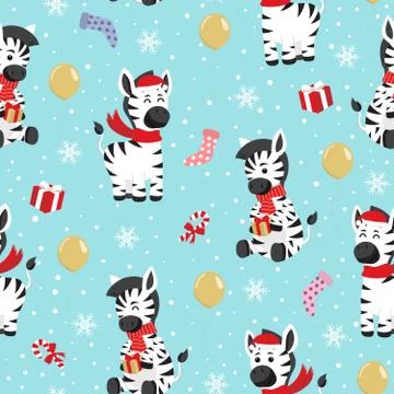 Christmas seamless pattern with zebra background, Winter pattern with happy z Stock Illustration