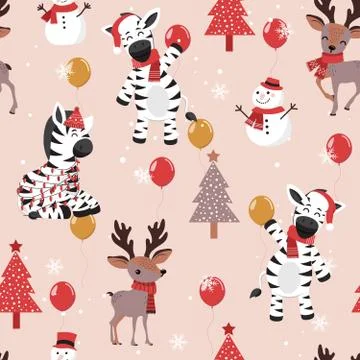 Christmas seamless pattern with zebra background, Winter pattern with deer, w Stock Illustration