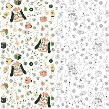 Christmas seamless patterns with knitted sweaters, mittens, cozy winter vibes 스톡 일러스트