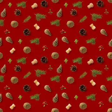 Christmas seamless patterns with Pine cones wine cork and lingonberry. patter Stock Photos