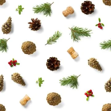 Christmas seamless patterns with Pine cones wine cork and lingonberry. patter Stock Photos