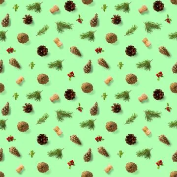 Christmas seamless patterns with Pine cones wine cork and lingonberry. patter Stock Photos