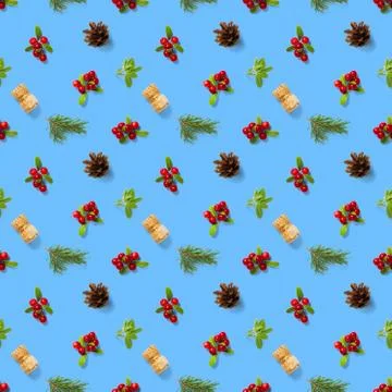 Christmas seamless patterns with Pine cones wine cork and lingonberry. patter Stock Photos