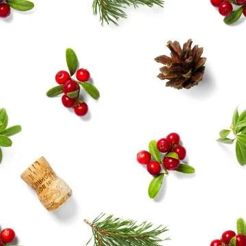 Christmas seamless patterns with Pine cones wine cork and lingonberry. patter Stock Photos