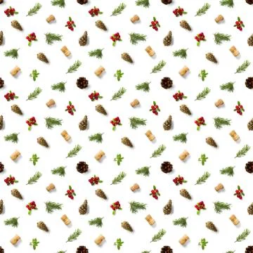 Christmas seamless patterns with Pine cones wine cork and lingonberry. patter Stockfoto's