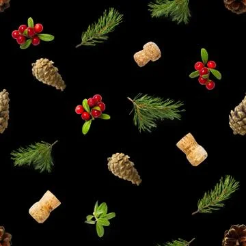 Christmas seamless patterns with Pine cones wine cork and lingonberry. patter Stock Photos