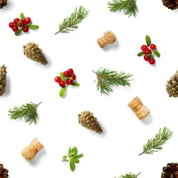 Christmas seamless patterns with Pine cones wine cork and lingonberry. patter Stock Photos
