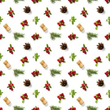 Christmas seamless patterns with Pine cones wine cork and lingonberry. patter Stock Photos
