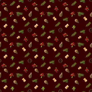 Christmas seamless patterns with Pine cones wine cork and lingonberry. patter Stock Photos