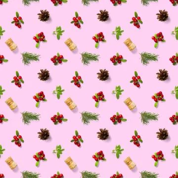 Christmas seamless patterns with Pine cones wine cork and lingonberry. patter Stock Photos