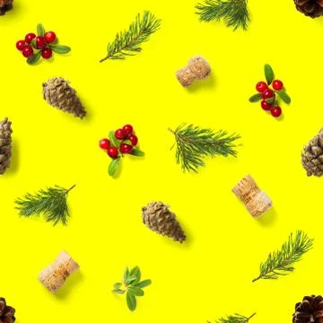 Christmas seamless patterns with Pine cones wine cork and lingonberry. patter Stock Photos