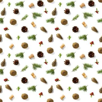 Christmas seamless patterns with Pine cones wine cork and lingonberry. patter Stock Photos
