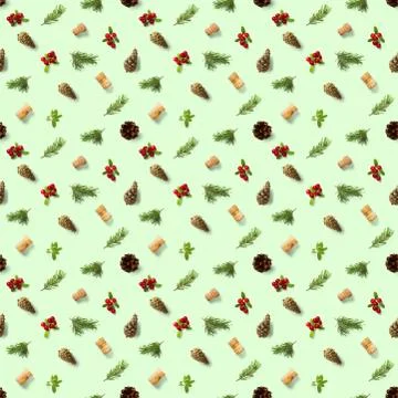 Christmas seamless patterns with Pine cones wine cork and lingonberry. patter Stock Photos