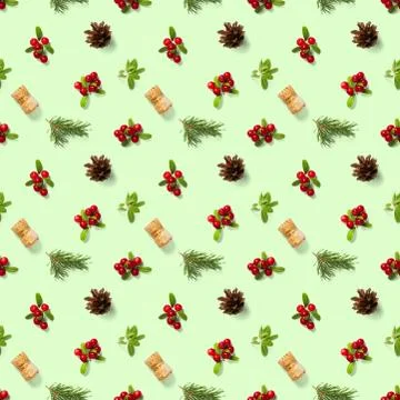 Christmas seamless patterns with Pine cones wine cork and lingonberry. patter Stock Photos