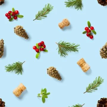 Christmas seamless patterns with Pine cones wine cork and lingonberry. patter Stock Photos