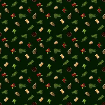 Christmas seamless patterns with Pine cones wine cork and lingonberry. patter Stock Photos