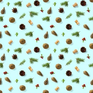 Christmas seamless patterns with Pine cones wine cork and lingonberry. patter Stock Photos