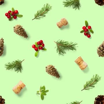 Christmas seamless patterns with Pine cones wine cork and lingonberry. patter Stock Photos