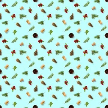 Christmas seamless patterns with Pine cones wine cork and lingonberry. patter Stock Photos