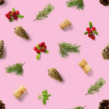 Christmas seamless patterns with Pine cones wine cork and lingonberry. patter Stock Photos